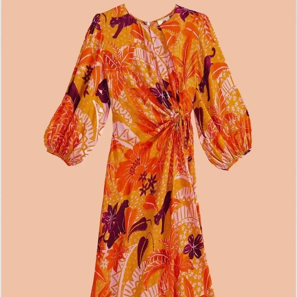 FARM RIO NWT Jungle Panther Print Cinch Keyhole Puff Sleeve Midi Dress S - Picture 3 of 15